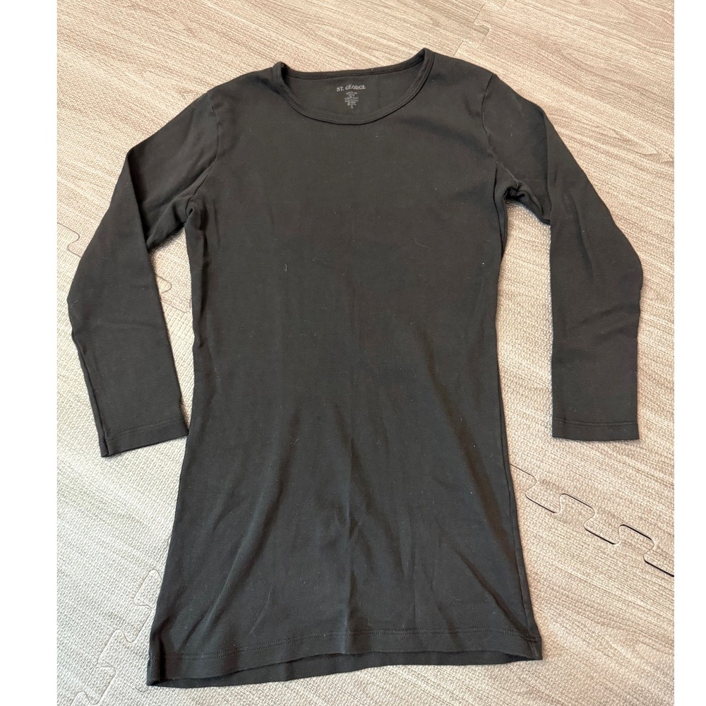 St. George Black 100% Cotton Long Sleeve Crewneck Tee Made in Italy Small